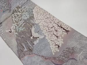 リサイクル　鶴に山並み風景模様織出し袋帯